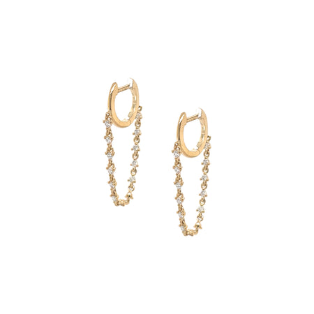  14K Gold Huggie Earrings with Diamond Chain  14K Yellow Gold  0.32 Diamond Carat Weight Hoop: 0.31" Diameter Chain: 1.15" Length Pierced