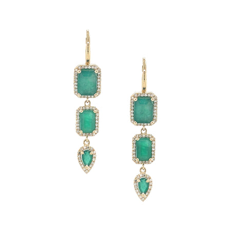 Three Emerald-Cut Emerald & Pave Diamond Teardrop Pierced Earrings  14K Yellow Gold 3.49 Emerald Carat Weight 0.28 Diamond Carat Weight 1.50" Long X 0.28" Wide
