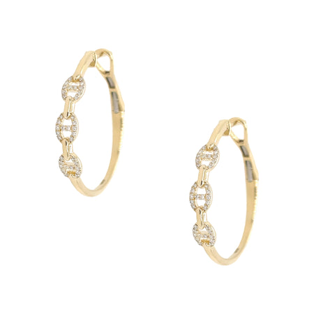 Yellow Gold Pave Diamond Anchor Hoop Pierced Earrings 14K Yellow Gold 0.15 Pave Diamond Carat Weight Hoops: 1.0" Diameter Links: 0.15" Diameter