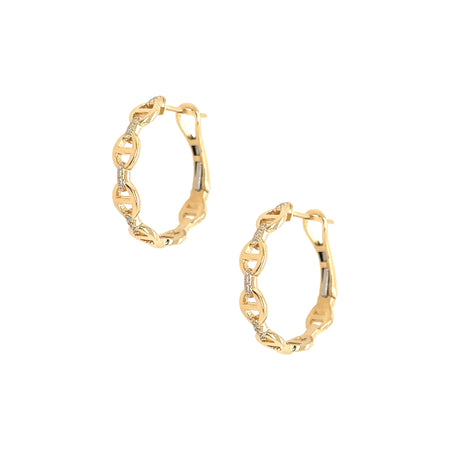 14K Gold Anchor Links with Diamond Spacers Small Hoop Earrings  14K Yellow Gold  0.07 Diamond Carat Weight  0.77" Diameter 0.15" Width Pierced 