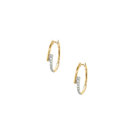 14K Gold & Pave Diamond Bypass Small Hoop Earrings 14K Yellow Gold 0.10 Diamond Carat Weight 0.76” Diameter 0.14” Width Pierced view 1