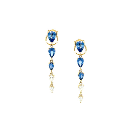 Diamond & Sapphire Gradual Teardrop Chain Earrings  14K Yellow Gold 1.45" Length X 0.18" Width Pierced