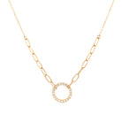 14K Gold Pave Diamond Open Circle on Mixed Chain Necklace  14K Yellow Gold 0.23 Diamond Carat Weight 18" Length Circle: 0.46" Diameter Paperclip Chains: 1.35" Length