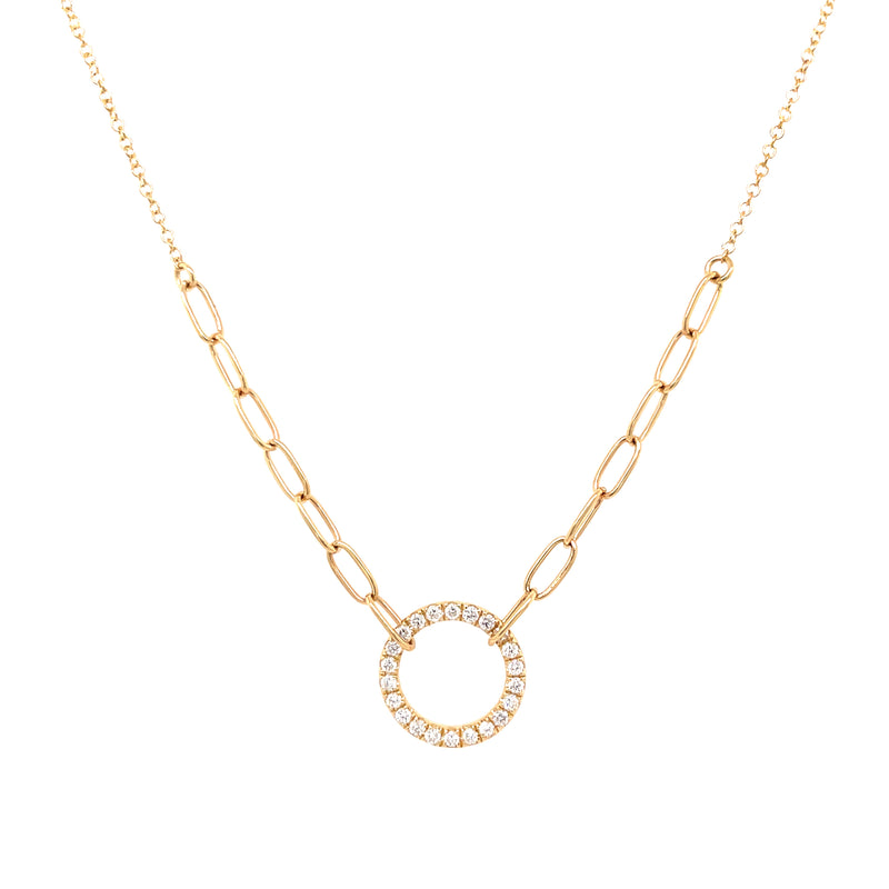 14K Gold Pave Diamond Open Circle on Mixed Chain Necklace  14K Yellow Gold 0.23 Diamond Carat Weight 18" Length Circle: 0.46" Diameter Paperclip Chains: 1.35" Length