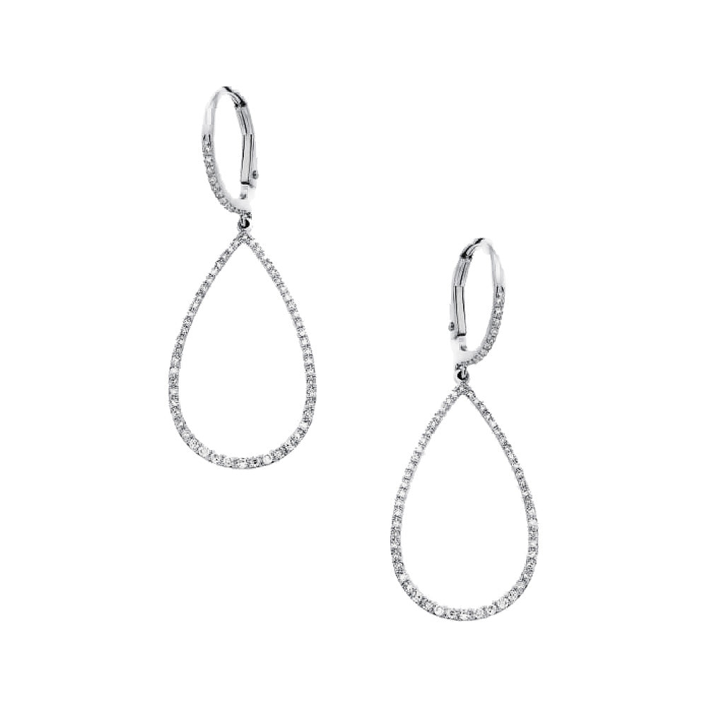 Pave Diamond Open Teardrop Pierced Earrings  14K White Gold 1.63" Long X 0.50" Wide 0.38 Diamond Carat Weight