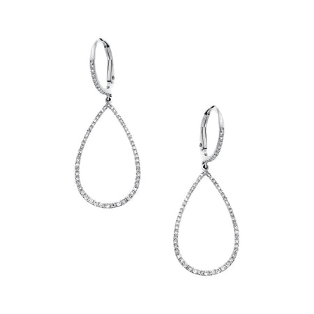 Pave Diamond Open Teardrop Pierced Earrings  14K White Gold 1.63" Long X 0.50" Wide 0.38 Diamond Carat Weight