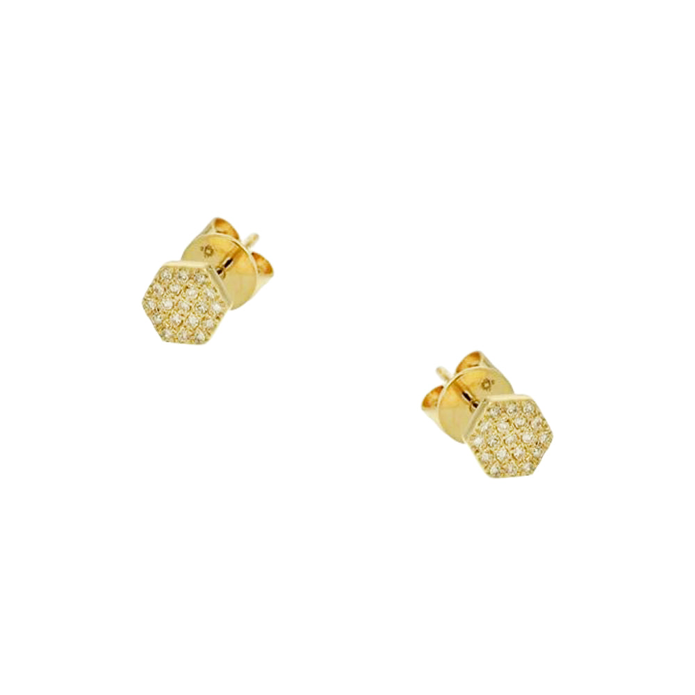 Pave Diamond Hexagonal Stud Pierced Earrings  14K Yellow Gold 0.13" Diameter 0.08 Diamond Carat Weight