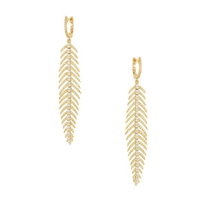 Pave Diamond Feather Drop Pierced Earrings   • 14K Yellow & White Gold • 2.75" L X .5" W • Diamond 1.29CT