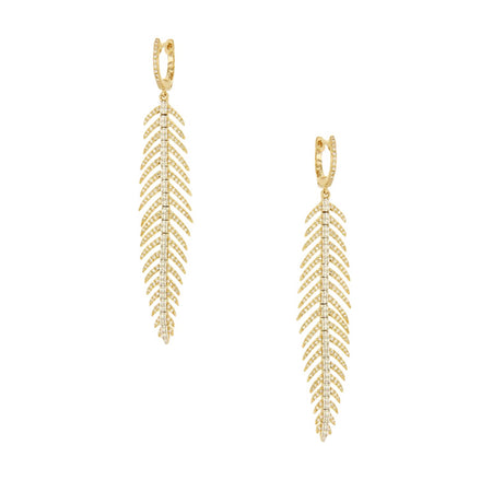 Pave Diamond Feather Drop Pierced Earrings   • 14K Yellow & White Gold • 2.75" L X .5" W • Diamond 1.29CT view 1