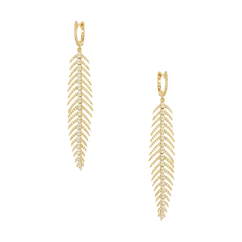 Pave Diamond Feather Drop Pierced Earrings  14K Yellow and White Gold 1.29 Diamond Carat Weight 2.75" Long X 0.5" Wide As worn by Kyle Richards