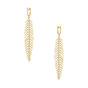 Pave Diamond Feather Drop Pierced Earrings  14K Yellow and White Gold 1.29 Diamond Carat Weight 2.75" Long X 0.5" Wide As worn by Kyle Richards
