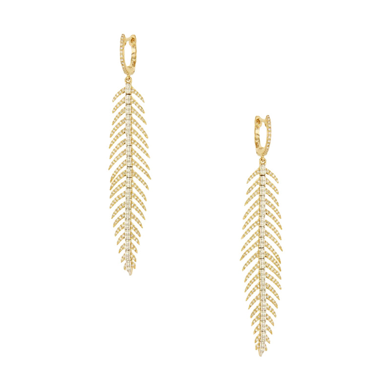 Pave Diamond Feather Drop Pierced Earrings  14K Yellow and White Gold 1.29 Diamond Carat Weight 2.75" Long X 0.5" Wide As worn by Kyle Richards