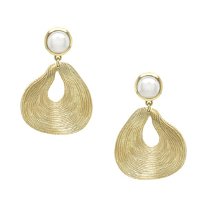 Textured Organic Shape With Pearl Top Pierced Earrings  18K Yellow Gold Plated 2" Length X 1.4" Width     As worn by Drew Barrymore