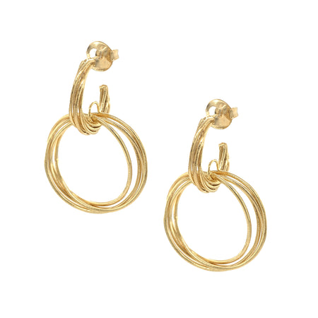 Wire Hammered Double Hoop Pierced Earrings  18K Yellow Gold Plated 1.7" Long X 1.2" Wide