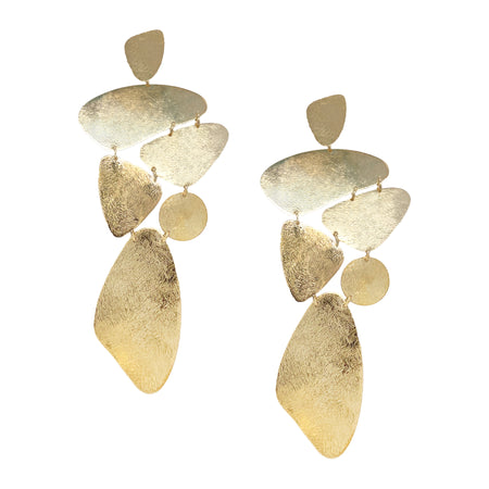 Asymmetrical Brush Textured Chandelier Pierced Earrings  Yellow Gold Plated 3.95" Long X 1.47" Wide