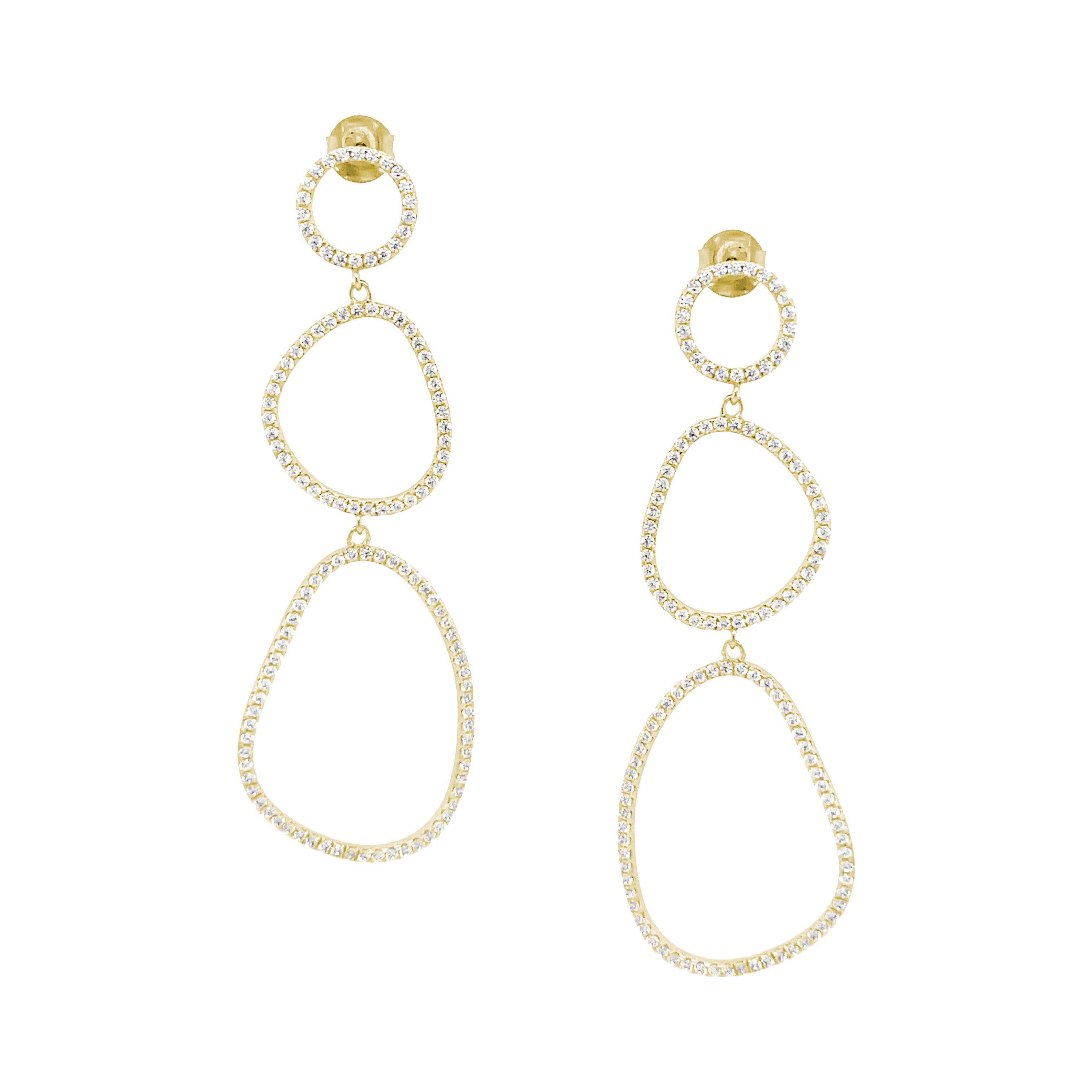 Pave Crystal Asymmetric Open Organic Shaped Earrings  Yellow Gold Plated Over Silver Cubic Zirconia 2.75" Length X 0.75" Width Pierced