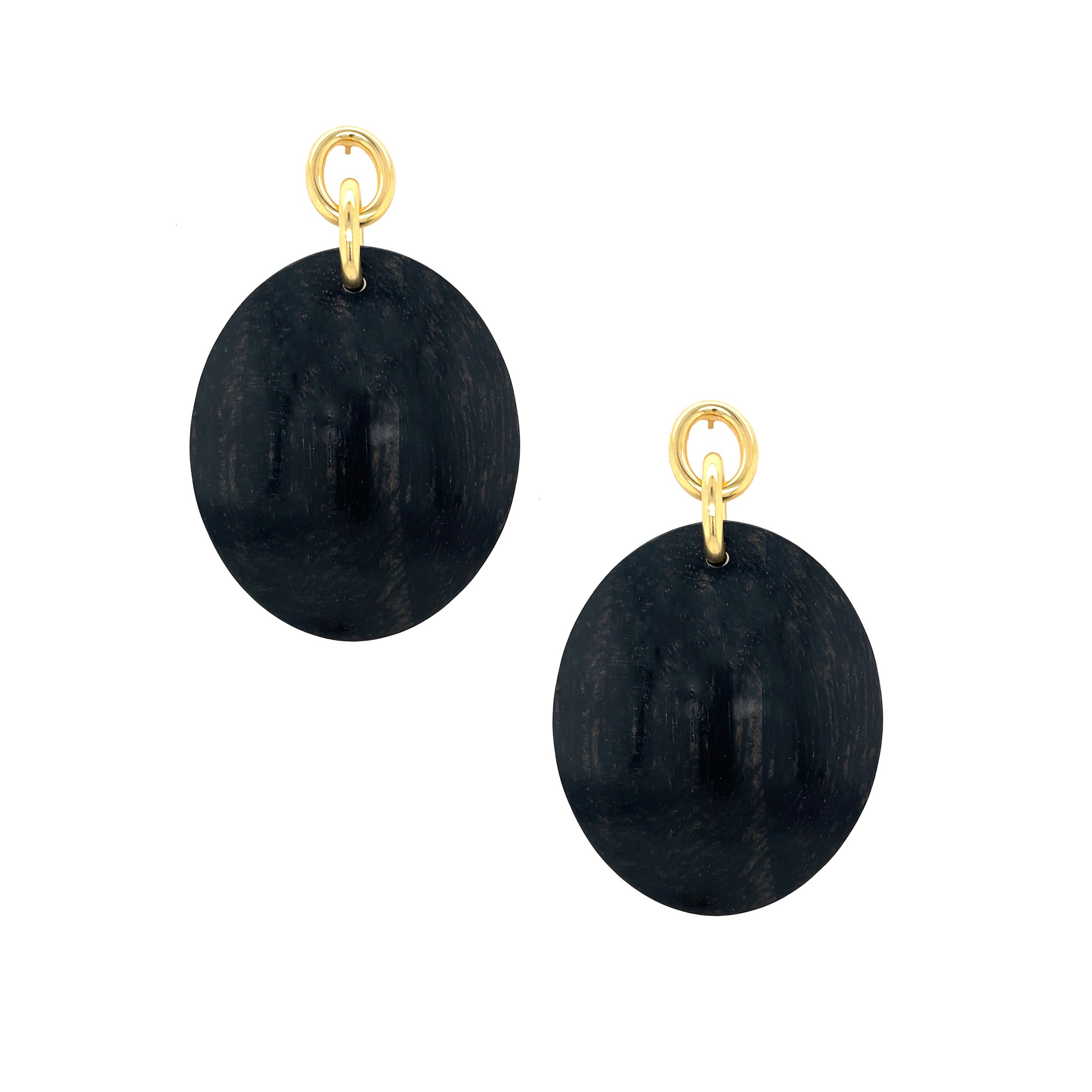 Link Ebony Wood Oval Earrings  Yellow Gold Plated Over Silver 3.18" Length X 1.97" Width