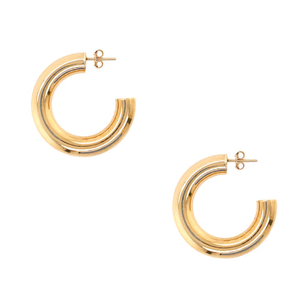Yellow Gold Chunky Medium Hoop Earrings  14K Yellow Gold Pierced 1.34" Diameter 0.3" Thick