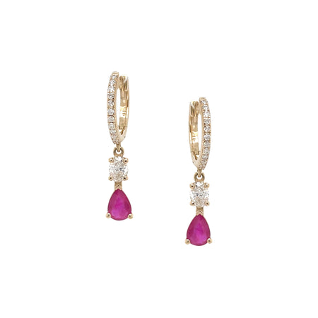 Pear Shape Ruby & Diamond Huggie Pierced Earrings  14K Yellow Gold 0.52 Diamond Carat Weight 0.84 Ruby Carat Weight Huggie: 0.50" Diameter 1" Long