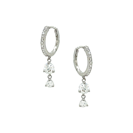 Two Diamond Drop Hoop Huggie Earrings   14K White Gold 0.75 Diamond Carat Weight  0.84" Length X 0.15" Width  Pierced