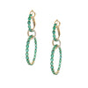 Triple Interlocking Pave Diamond & Emerald Hoop Earrings  14K Yellow Gold 9.90 Emerald Carat Weight 0.55 Diamond Carat Weight 2.36" Length Huggie: 0.80" Diameter Largest Hoop: 1.40" Diameter Pierced