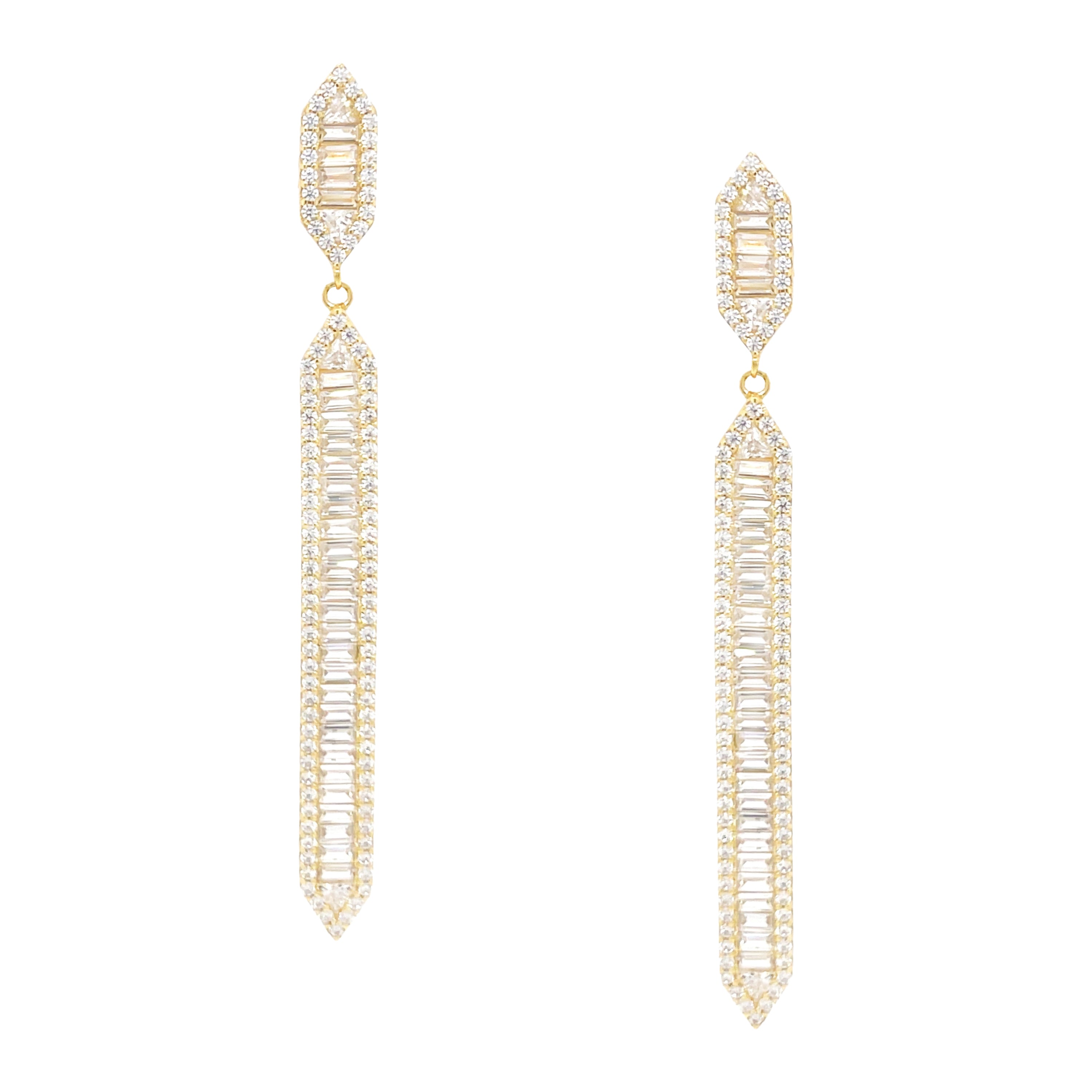 CZ Baguette Pierced Drop Earrings  Yellow Gold Plated Over Silver 2.74" Long X 0.23" Wide