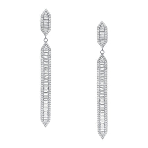 CZ Baguette Pierced Drop Earrings  White Gold Plated over Silver 2.74" Long X 0.23" Wide
