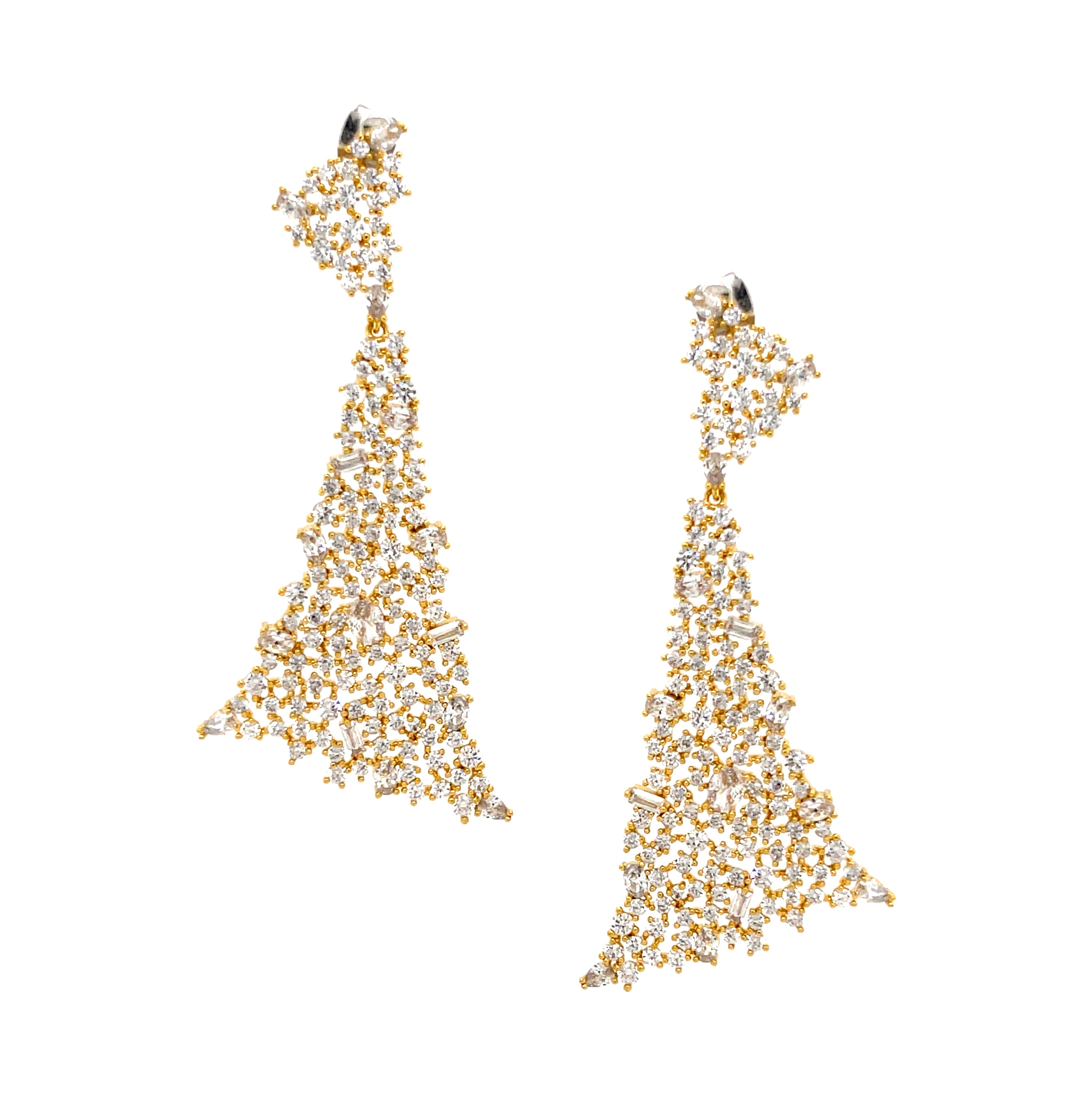 CZ Triangle Cluster Pierced Earrings  Yellow Gold Plated 2.38 inch Length X 1.11 inch Width