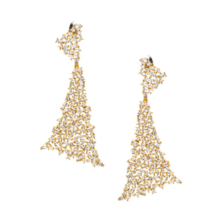 CZ Triangle Cluster Pierced Earrings  Yellow Gold Plated 2.38 inch Length X 1.11 inch Width