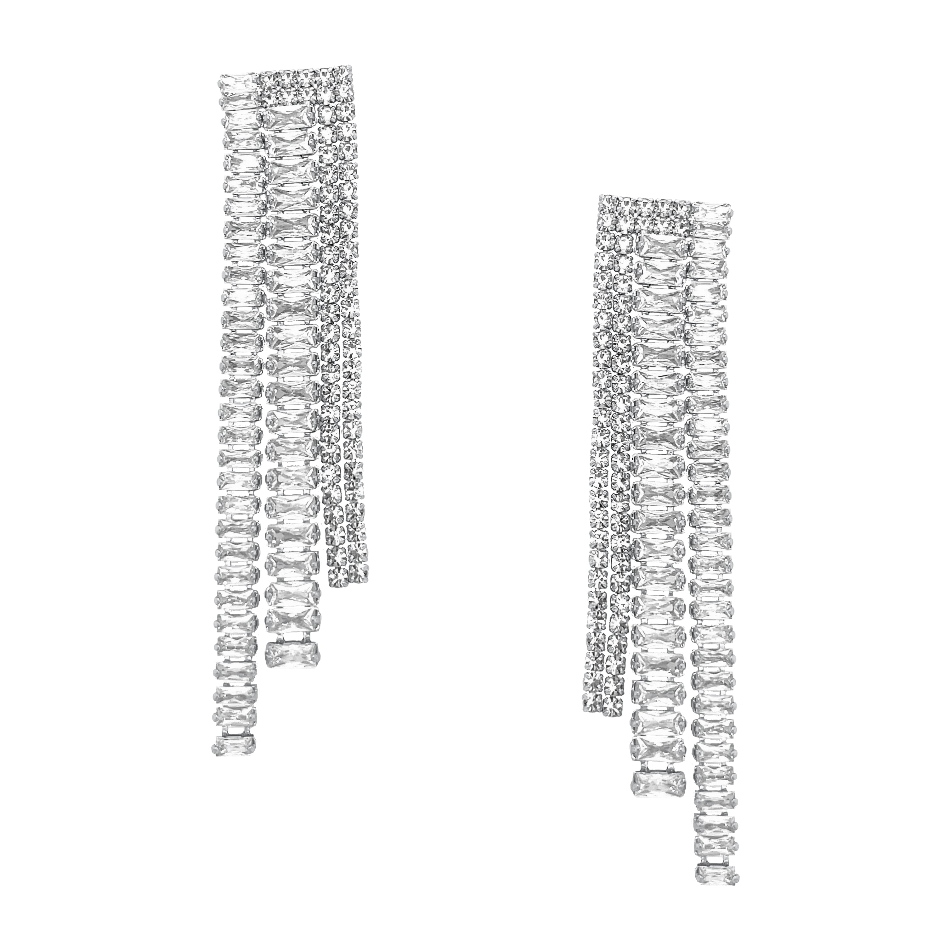 Baguette & Round CZ Linear Pierced Earrings  White Gold Plated 2.25" Long X 0.60" Wide