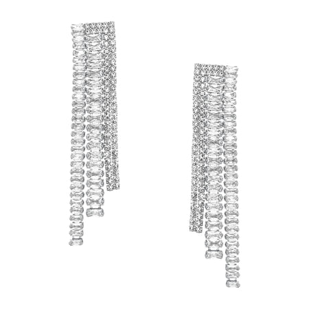 Baguette & Round CZ Linear Pierced Earrings  White Gold Plated 2.25" Long X 0.60" Wide view 1