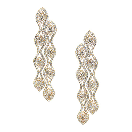Pave Crystal Long Wavy Earrings   Yellow Gold Plated  Cubic Zirconia  3.53" Length X 0.70" Width Pierced