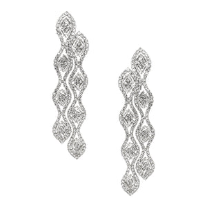 Pave CZ Long Wavy Pierced Earrings   White Gold Plated  Cubic Zirconia  3.53" Length X 0.70" Width 