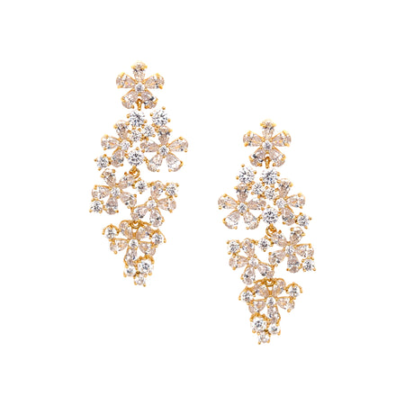 Yellow Gold Plated CZ Flower Cluster Drop Pierced Earrings  Yellow Gold Plated 2.15" Long X 0.85" Wide