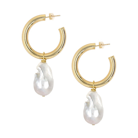 Pearl Drop Pierced Hoop Earrings  Yellow Gold Plated 1.35" Hoop Diameter 0.20" Hoop Thickness 2.50" Total Length 