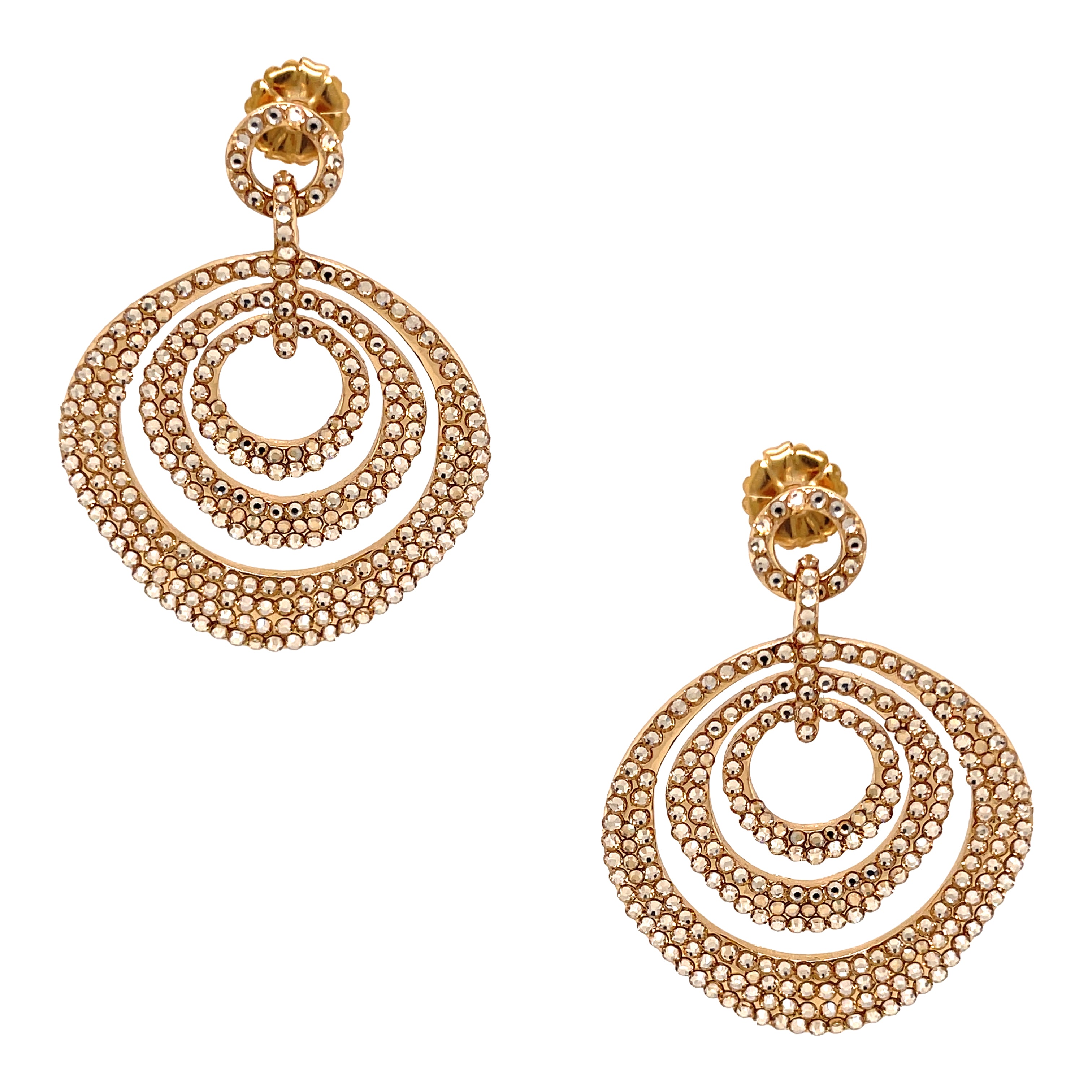 Yellow Gold Open Circles Crystal Pierced Earrings Yellow Gold Plated Hand Set Crystals 2.00" Long X 1.54" Wide