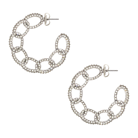 White Gold Plated Crystal Link Hoop Pierced Earrings White Gold Plated Hand Set Crystals 1.75" Diameter