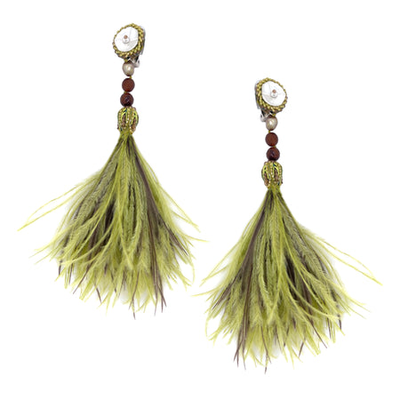 Forest Green Feathers with Beaded Top Clip On Earrings  Yellow Gold Plated 6.5" Length