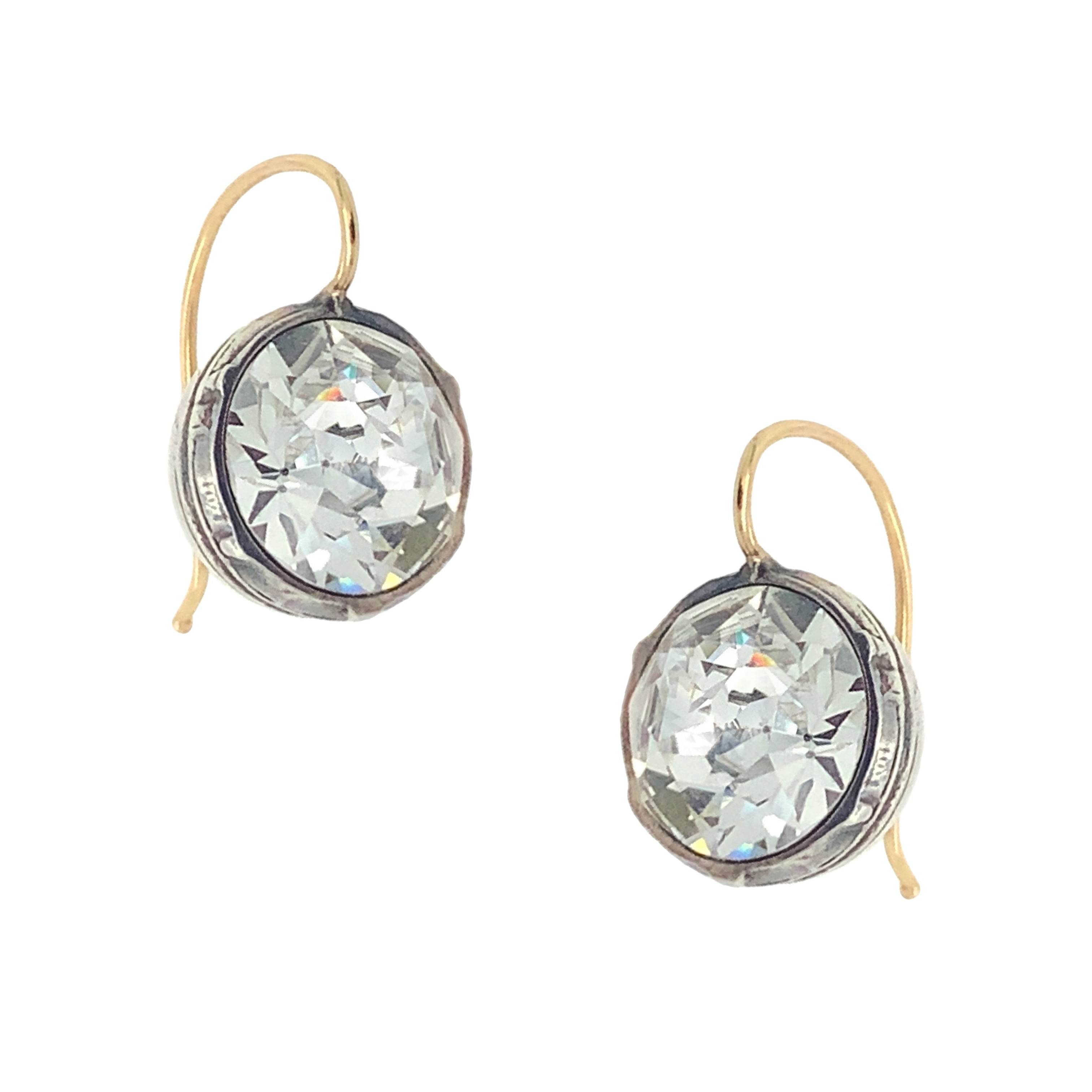 Large Faux Diamond Two Tone Antique Earrings  14K Yellow Gold & Antique Silver 0.5" Diameter