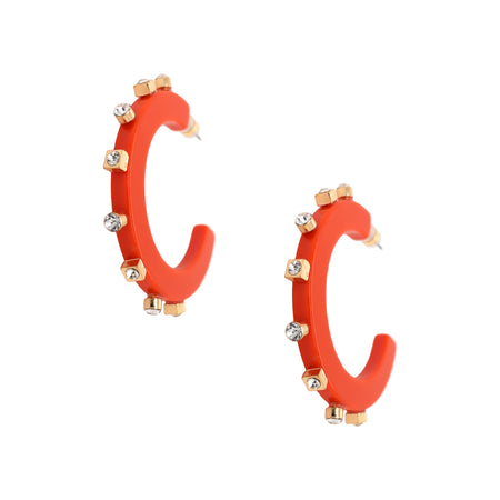 Orange Acrylic & CZ Studded Pierced Hoop Earrings  Yellow Gold Plated 2" Diameter