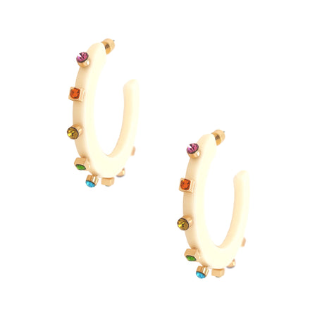 Cream Acrylic & Rainbow CZ Studded Pierced Hoop Earrings  Yellow Gold Plated The diameter is 2 Inches view 1