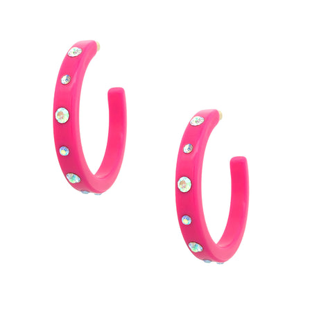Pink Acrylic Multi Stone Hoop Earrings  Yellow Gold Plated 2.0" diameter Pierced 