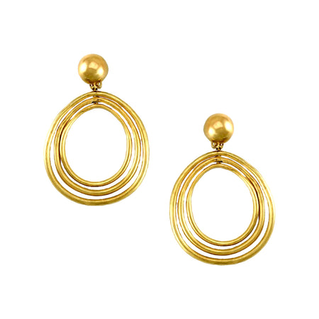 Domed Studs with Triple Drop Organic Hoop Earrings  14K Green Gold Plated Over Silver 3.0" Length    Design by Vaubel