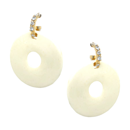 Crystal Huggie Earrings with Dropped Ivory Circles  Yellow Gold Plated Cubic Zirconia 2.8” Length X 2.3” Width Pierced