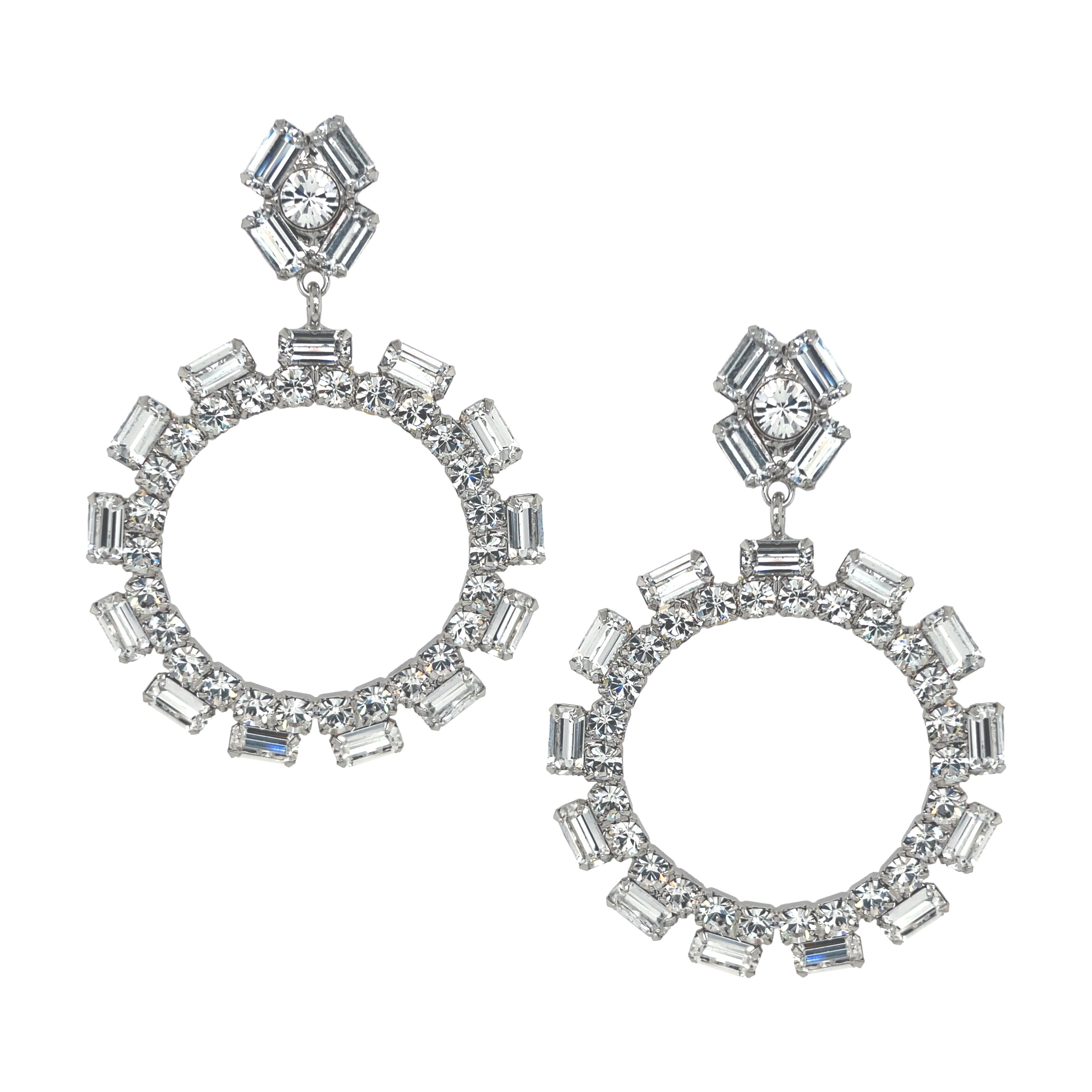 Multi Shape Crystal Open Circle Drop Earrings  White Gold Plated Cubic Zirconia 2.88” Length X 2.0” Width Pierced