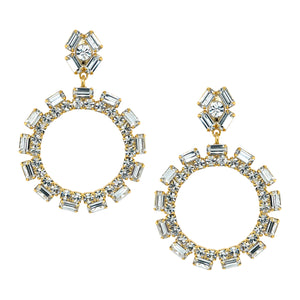 Multi Shape Crystal Open Circle Drop Earrings  Yellow Gold Plated Cubic Zirconia 2.88” Length X 2.0” Width Pierced