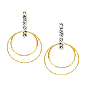 Vertical Crystal Bar Earrings with Double Drop Gold Hoops  Yellow Gold Plated Cubic Zirconia 3.25” Length X 2.15” Width Pierced