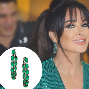 Faux Emerald and Faux Pave Diamonds Oval Hoop Pierced Earrings  Oxidized Gold Plated Over Silver 2.0" Long 0.50" Diameter As worn by Kyle Richards