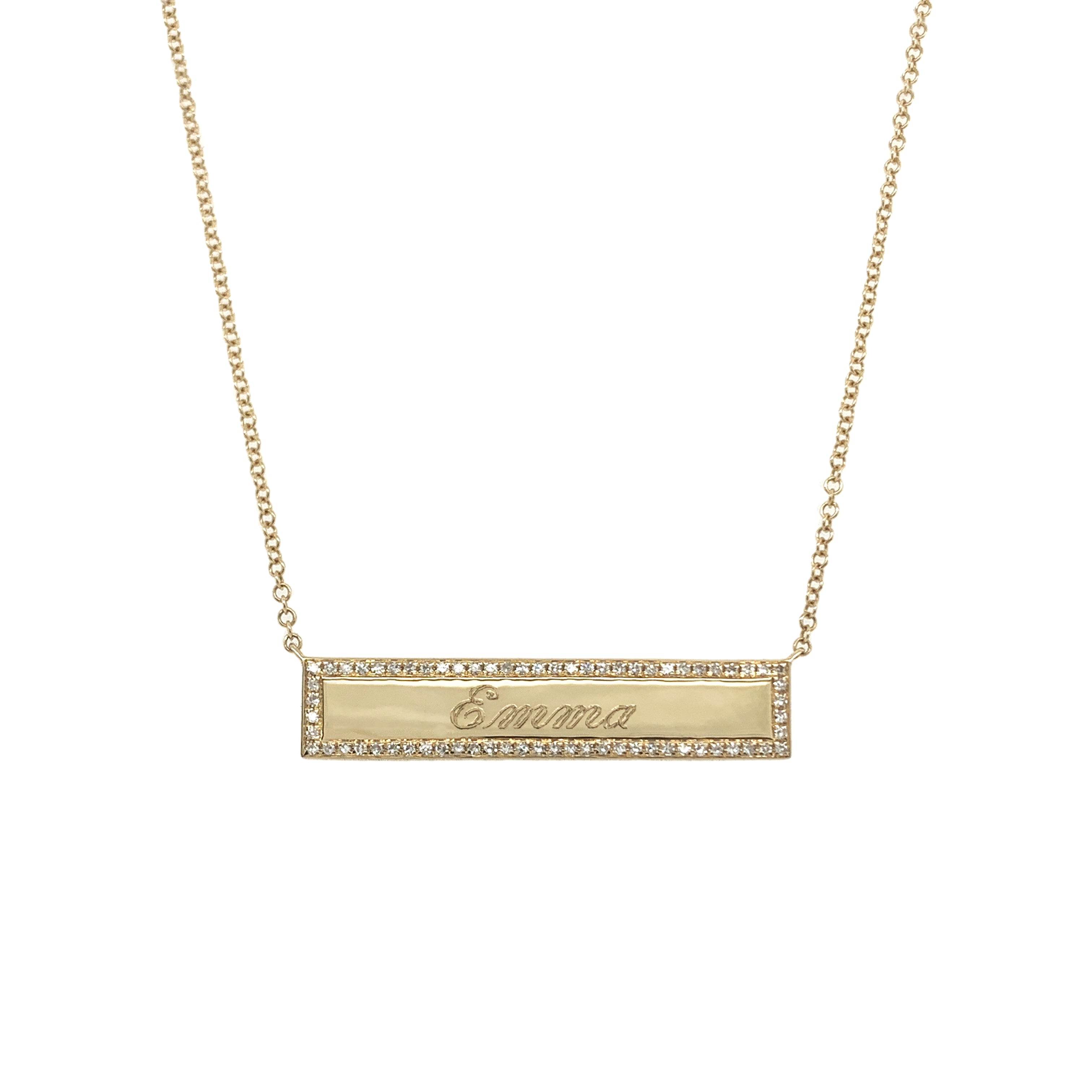 Pave Diamond Border Gold Bar Pendant Necklace  14K Yellow Gold 0.15 Diamond Carat Weight Chain: 16-18" Long Bar: 0.2" High X 1.18" Long Custom Engraving Optional  As Seen on The Today Show  If adding engraving, please allow 2-3 weeks for shipping