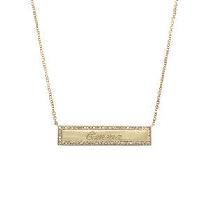 Pave Diamond Border Gold Bar Pendant Necklace  14K Yellow Gold 0.15 Diamond Carat Weight Chain: 16-18" Long Bar: 0.2" High X 1.18" Long Custom Engraving Optional  As Seen on The Today Show  If adding engraving, please allow 2-3 weeks for shipping